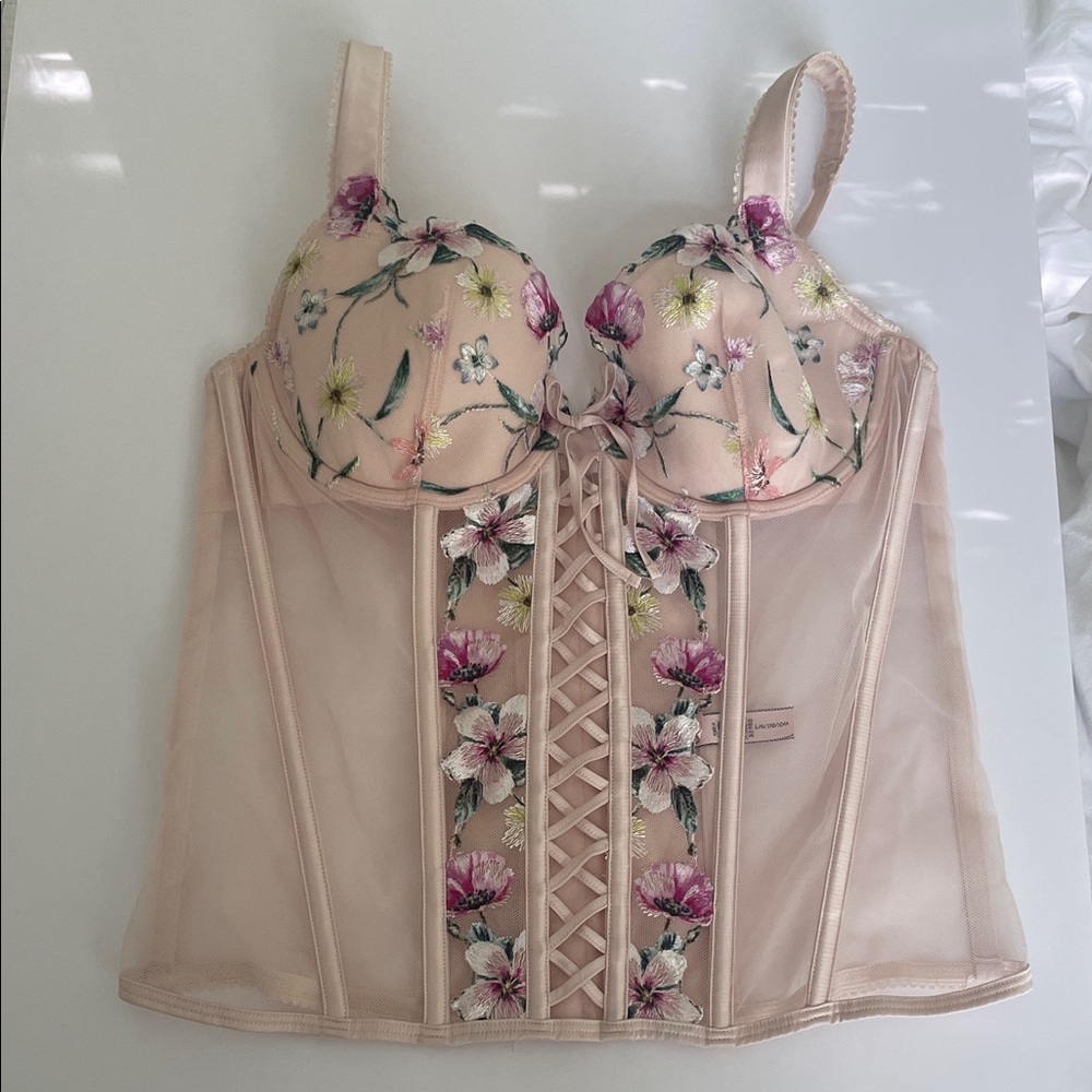 Victoria's Secret Pink Floral Lace-Up Bustier Bra Embroidered Corset Large